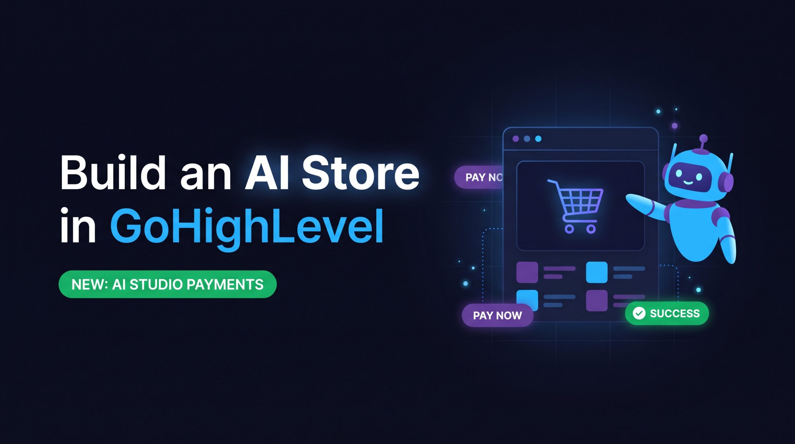 A dark blue banner with the text "Build an AI Store in GoHighLevel" and a green badge highlighting "NEW: AI STUDIO PAYMENTS." A friendly 3D AI robot points to a digital storefront interface featuring a glowing shopping cart and payment buttons.