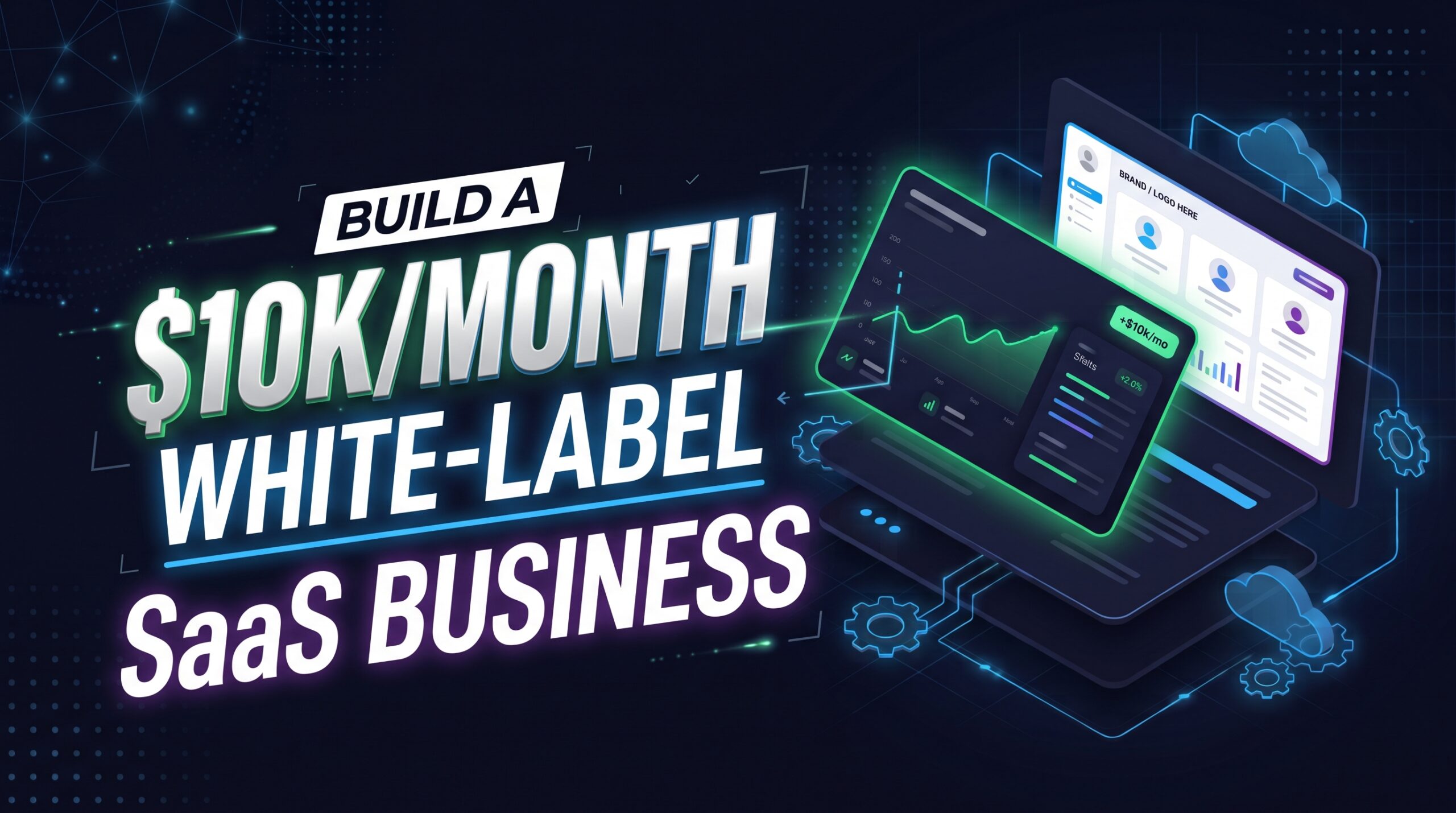 A digital graphic on a deep navy background featuring the bold, stylized text "BUILD A $10K/MONTH WHITE-LABEL SaaS BUSINESS" on the left, with the "$10K/MONTH" text highlighted in a glowing green and blue outline. On the right, there is a 3D isometric illustration of floating software interface screens displaying a bright green upward-trending line graph, a "+$10k/mo" tag, user profile icons, and glowing neon blue and green technical elements like gears, circuit lines, and a cloud icon.